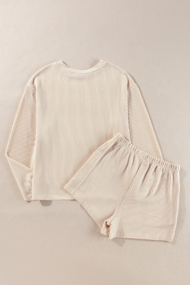 Parchment Corded Knit Long Sleeve Top and High Waist Shorts Set