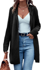 Black Horizontal Rib Knitted Open Front Hooded Cardigan