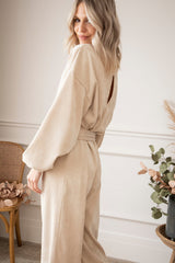 Apricot Keyhole Back V Neck Tie Waist Loose Jumpsuit - Shopit4lessnow