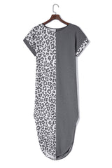 Gray Contrast Solid Leopard Short Sleeve T-shirt Dress with Slits - Shopit4lessnow