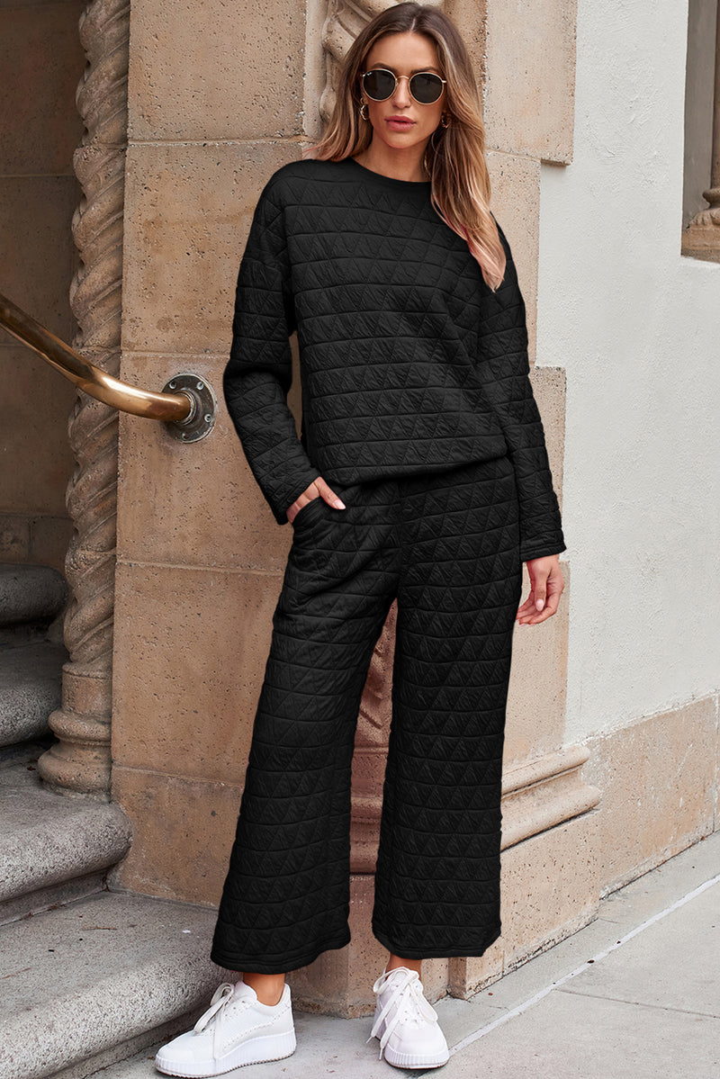 Black Solid Quilted Pullover and Pants Outfit