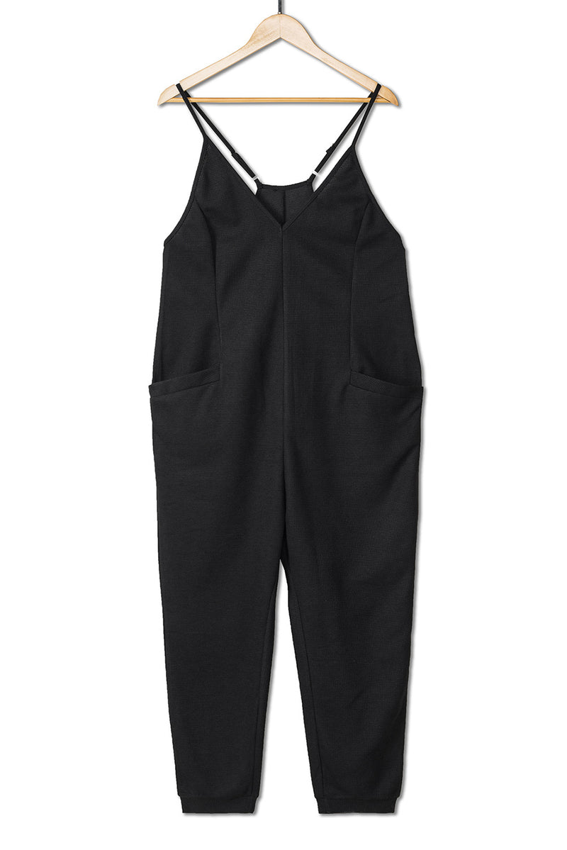 Black Textured Sleeveless V-Neck Pocketed Casual Jumpsuit - Shopit4lessnow