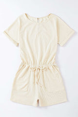 Beige Ribbed Elastic Waist Romper