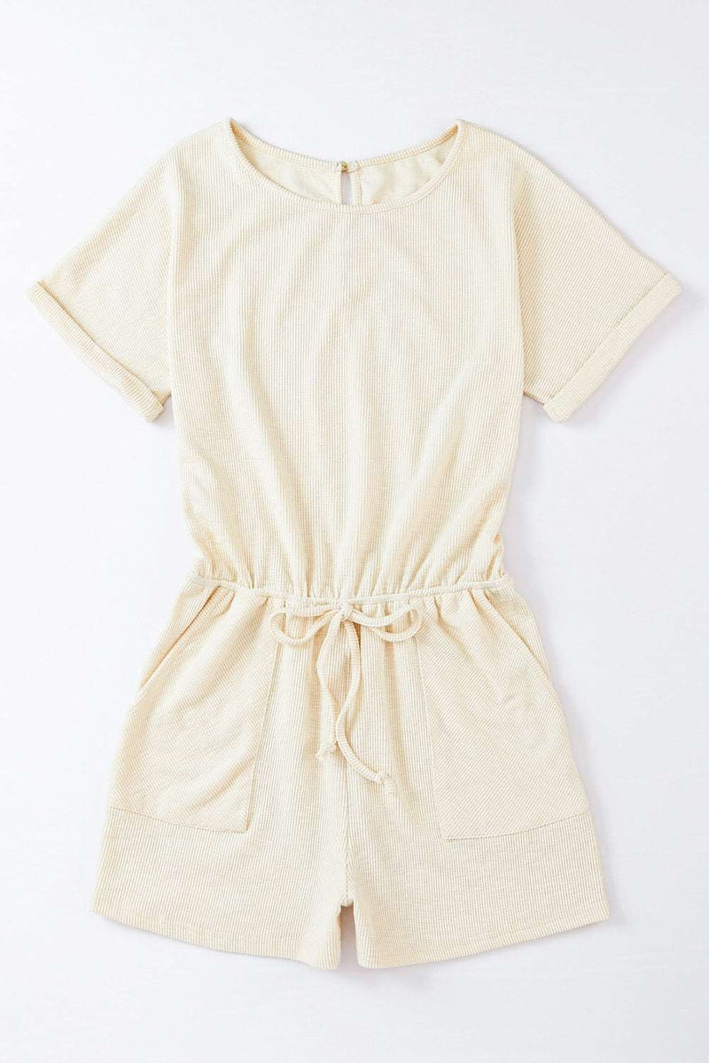 Beige Ribbed Elastic Waist Romper