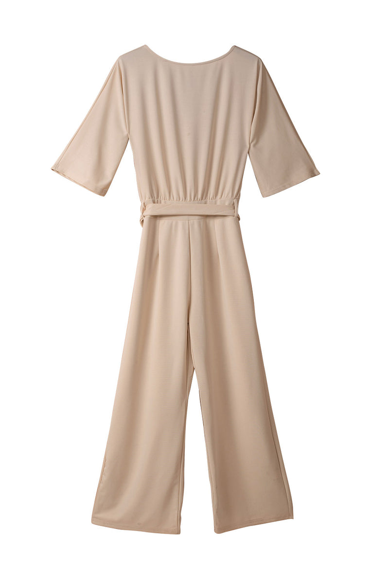 Apricot Bracelet Sleeve Waist Tie Wide Leg Jumpsuit - Shopit4lessnow