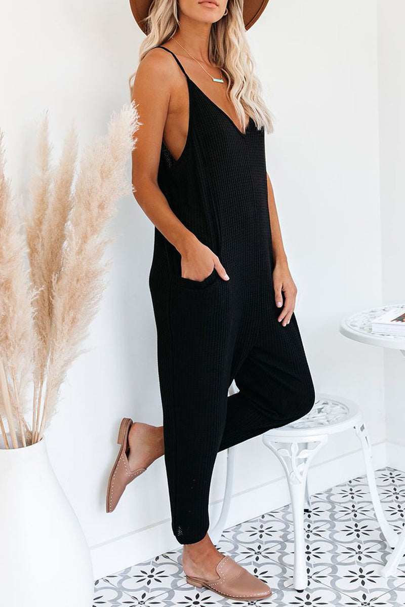 Black Textured Sleeveless V-Neck Pocketed Casual Jumpsuit - Shopit4lessnow