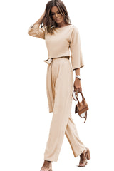 Apricot Bracelet Sleeve Waist Tie Wide Leg Jumpsuit - Shopit4lessnow