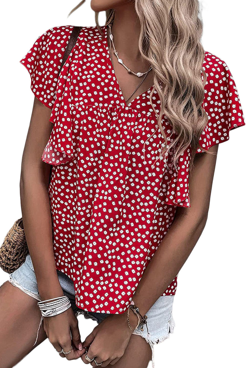 Red Floral Print Ruffle Sleeve Blouse - Shopit4lessnow